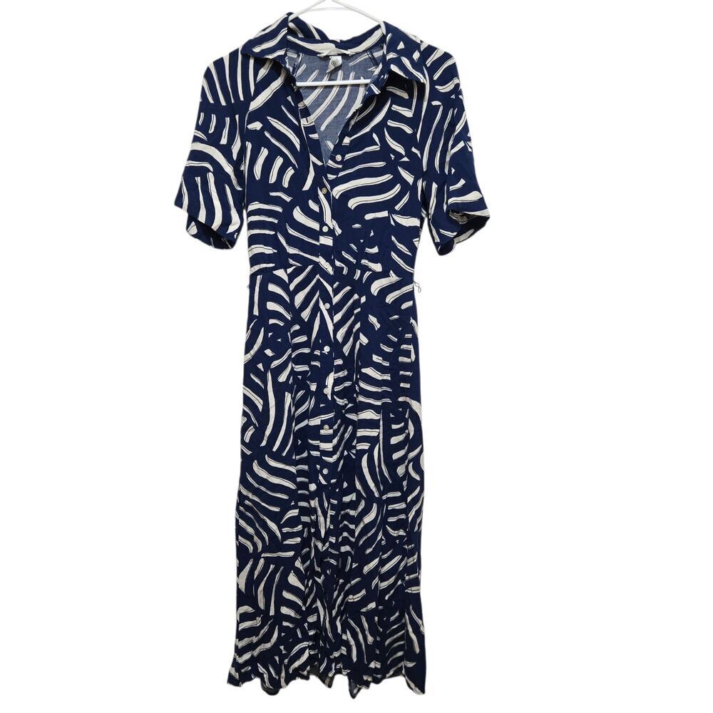 H&M Tropical Leaf Print Midi Shirt Dress Blue White XS